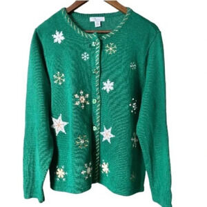 THE TOG SHOP | Vintage Cotton Blend Green Snowflake Embellished Cardigan Size XL